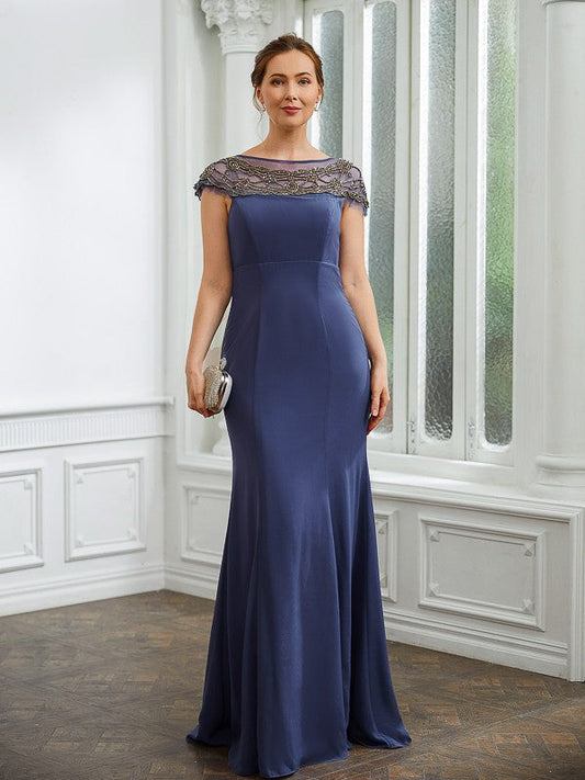 Esperanza Sheath/Column Chiffon Beading Bateau Short Sleeves Floor-Length Mother of the Bride Dresses DSP0020253