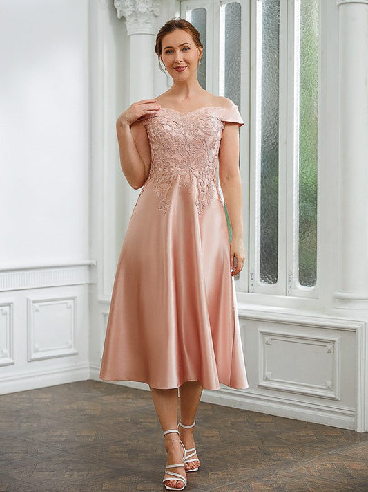 Madeleine A-Line/Princess Satin Applique Off-the-Shoulder Sleeveless Tea-Length Mother of the Bride Dresses DSP0020255