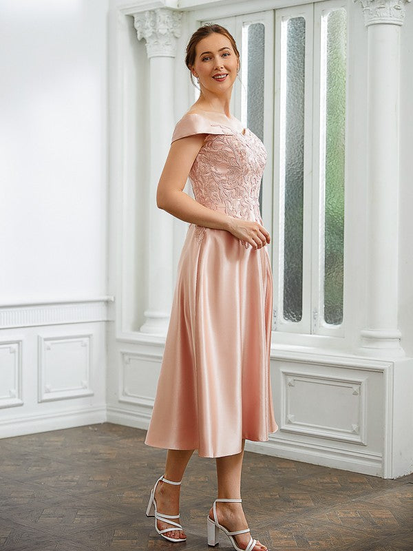 Madeleine A-Line/Princess Satin Applique Off-the-Shoulder Sleeveless Tea-Length Mother of the Bride Dresses DSP0020255