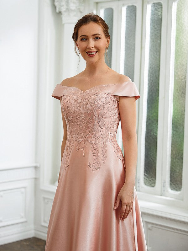 Madeleine A-Line/Princess Satin Applique Off-the-Shoulder Sleeveless Tea-Length Mother of the Bride Dresses DSP0020255