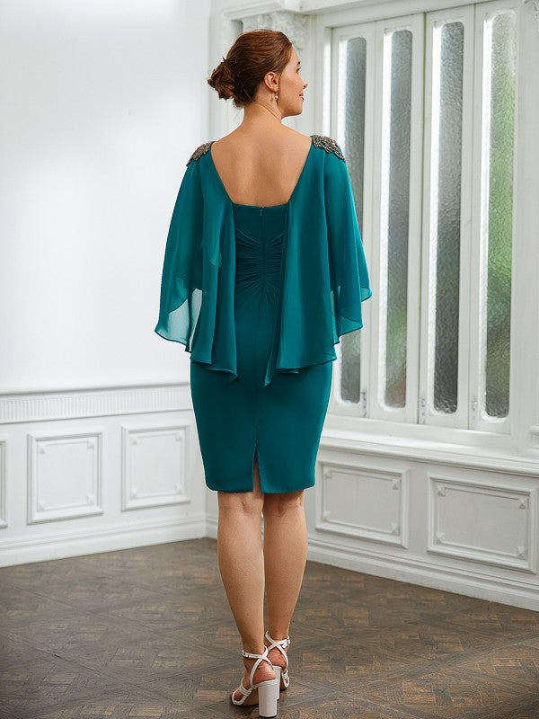 Vivian Sheath/Column Chiffon Ruched Bateau 3/4 Sleeves Knee-Length Mother of the Bride Dresses DSP0020247