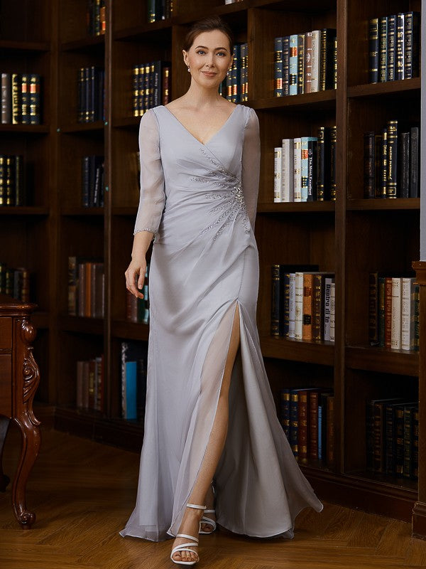 Estrella Sheath/Column 30D Chiffon Beading V-neck 3/4 Sleeves Floor-Length Mother of the Bride Dresses DSP0020247