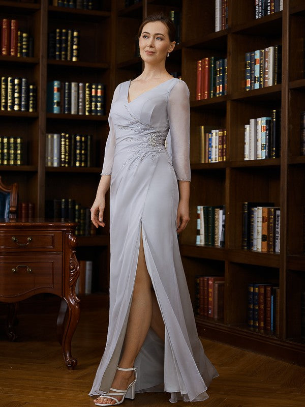 Estrella Sheath/Column 30D Chiffon Beading V-neck 3/4 Sleeves Floor-Length Mother of the Bride Dresses DSP0020247