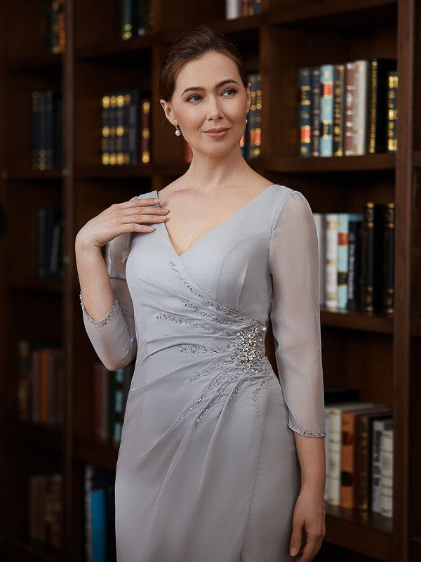Estrella Sheath/Column 30D Chiffon Beading V-neck 3/4 Sleeves Floor-Length Mother of the Bride Dresses DSP0020247