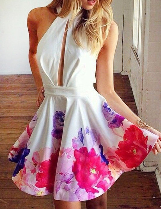 Short Halter Sleeveless Keyhole Homecoming Party Dress Printed Flowers RS118