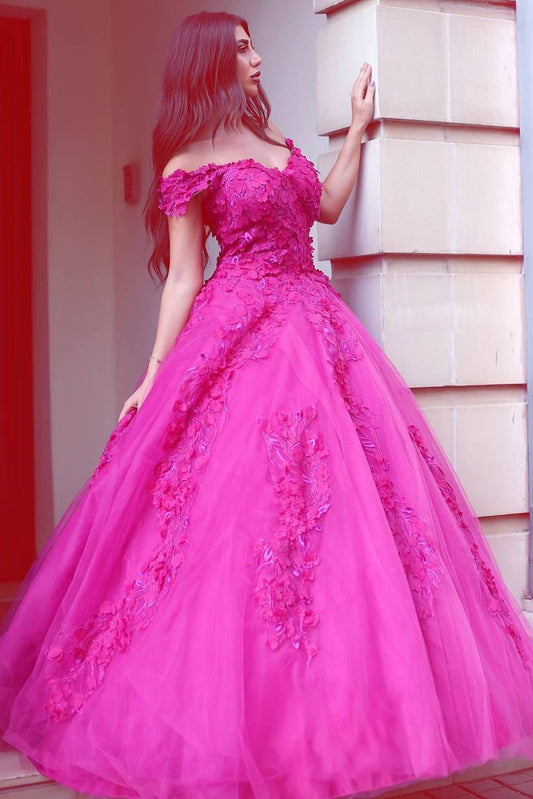 Princess Fuchsia Tulle Off-the-Shoulder Ball Gown Sweetheart Lace Appliques Prom Dresses RS262