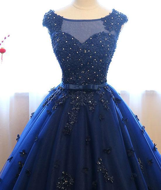 Dark Blue Tulle Lace Beads Ball Gown Open Back Sweet 16 Dress Quinceanera Dresses RS808