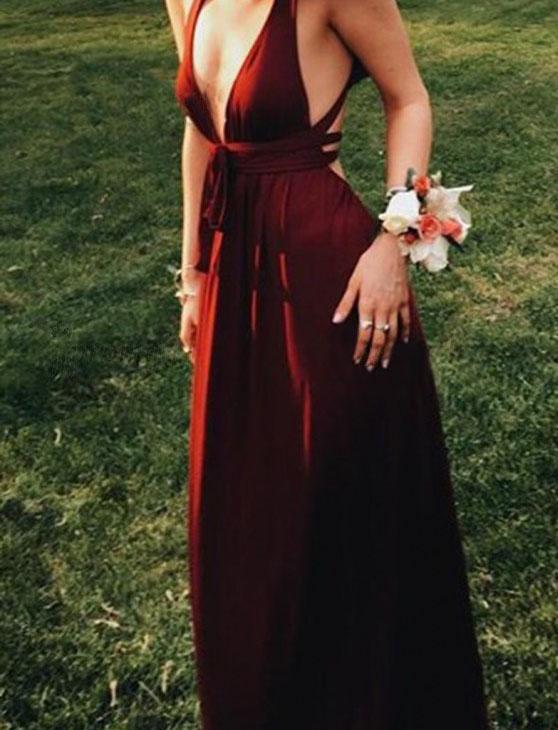 Sexy Burgundy Deep V-Neck Sleeveless Floor-Length Backless Prom Dresses RS681