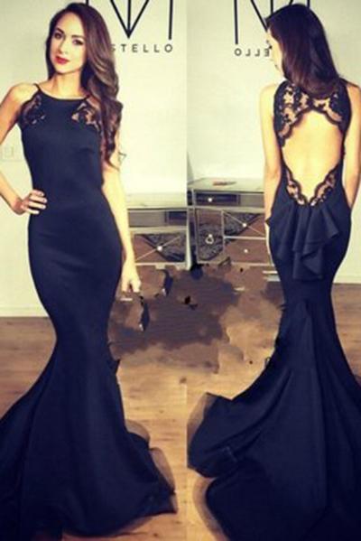 Sexy Open Back Black Halter Sleeveless Mermaid Long Fish Tail Custom Cheap Evening Dresses RS174