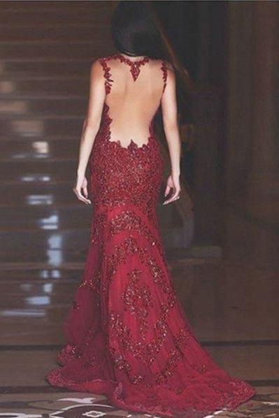 Sexy Burgundy Mermaid V-Neck Sleeveless Floor-Length Appliques Prom Dresses RS283