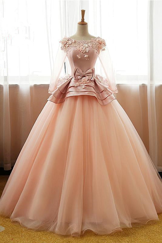 Vintage Pink Flower Long Sleeves Puffy Tulle Long Quinceanera Dress Prom Dresses RS428