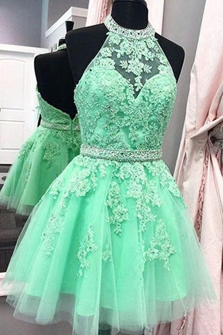 Sexy Halter Tulle Short New Arrival Appliques Cute Mini Homecoming Dress RS97