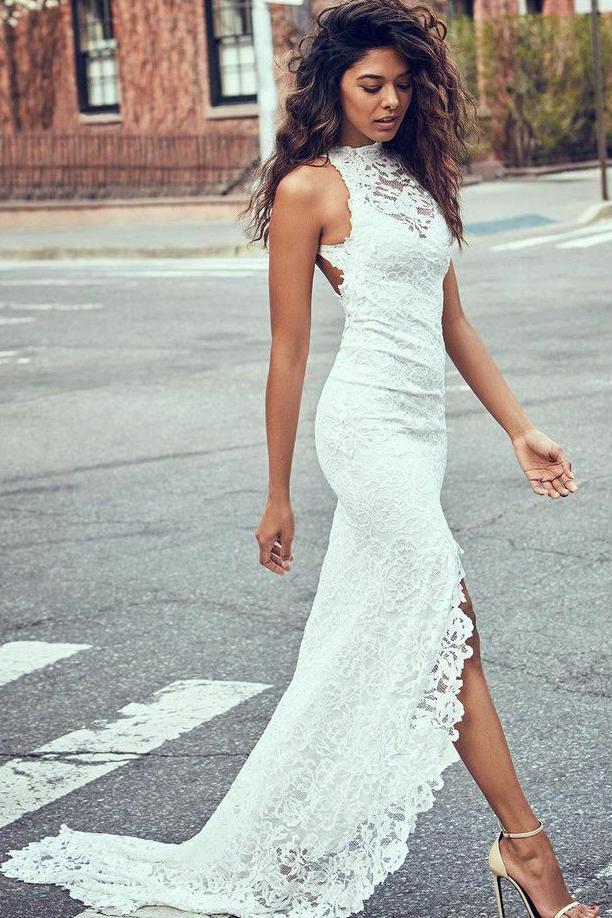 Sheath White Mermaid Round Neck Sweep Train Open Back Lace Wedding Dress with Split RS26