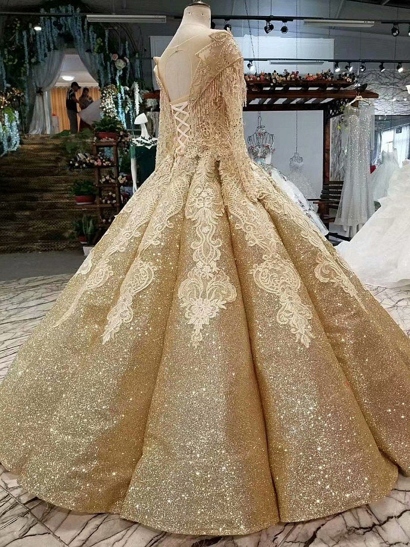 Ball Gown Gold Long Sleeves Lace Appliques Sequins Open Back Beads Quinceanera Dresses RS894