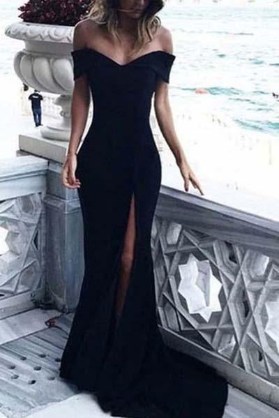 Sexy Leg Slit Long Mermaid Off-the-Shoulder Black Sweetheart Strapless Prom Dresses RS180