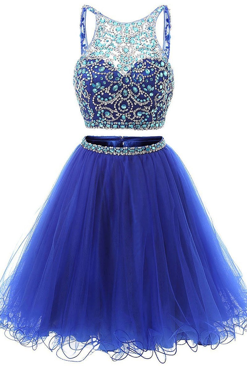 Jewel Neck Illusion Sequins Crystal Shining Two Piece Low Back Royal Blue Tulle Homecoming Dress RS877