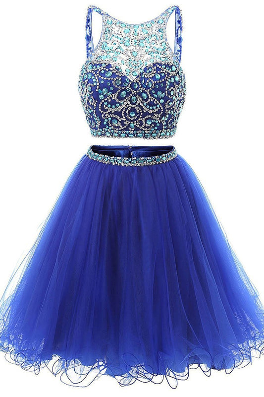 Jewel Neck Illusion Sequins Crystal Shining Two Piece Low Back Royal Blue Tulle Homecoming Dress RS877