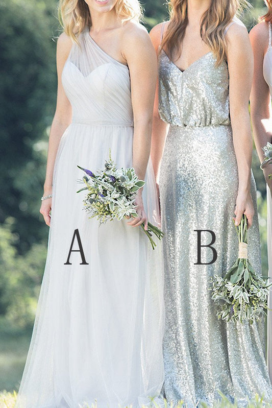 Mismatched Chiffon Sequin A Line Spaghetti Straps One Shoulder Cheap Bridesmaid Dresses RS414