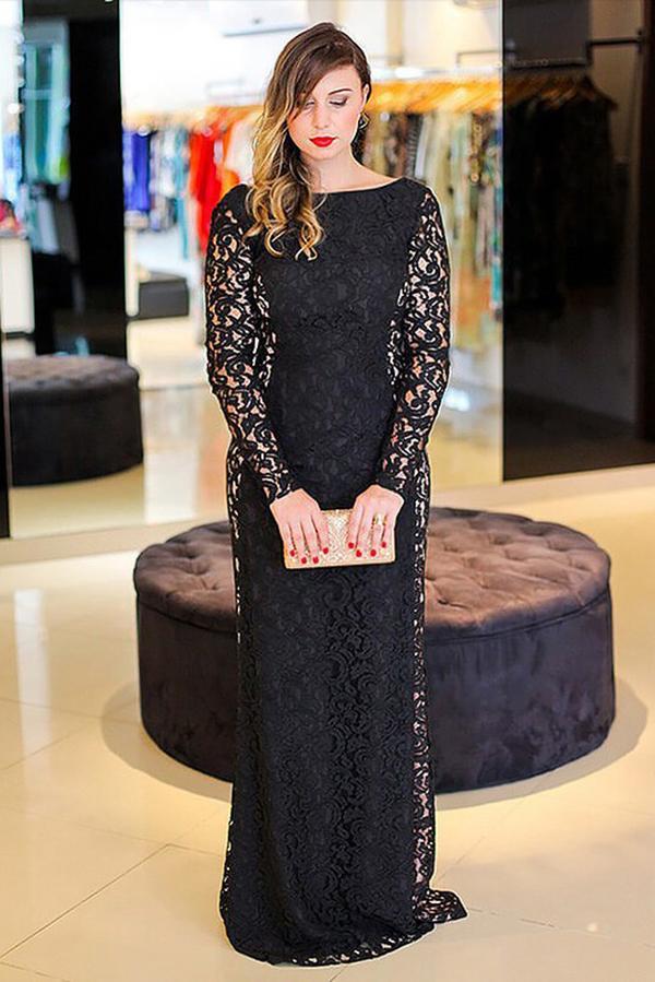 Sexy Black Mermaid Lace Long Sleeve High Neck Floor-Length Backless Plus Size Prom Dresses RS222