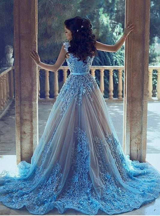 A-Line Square Chapel Train Sleeveless Blue Tulle Wedding Dress with Appliques Sash RS336