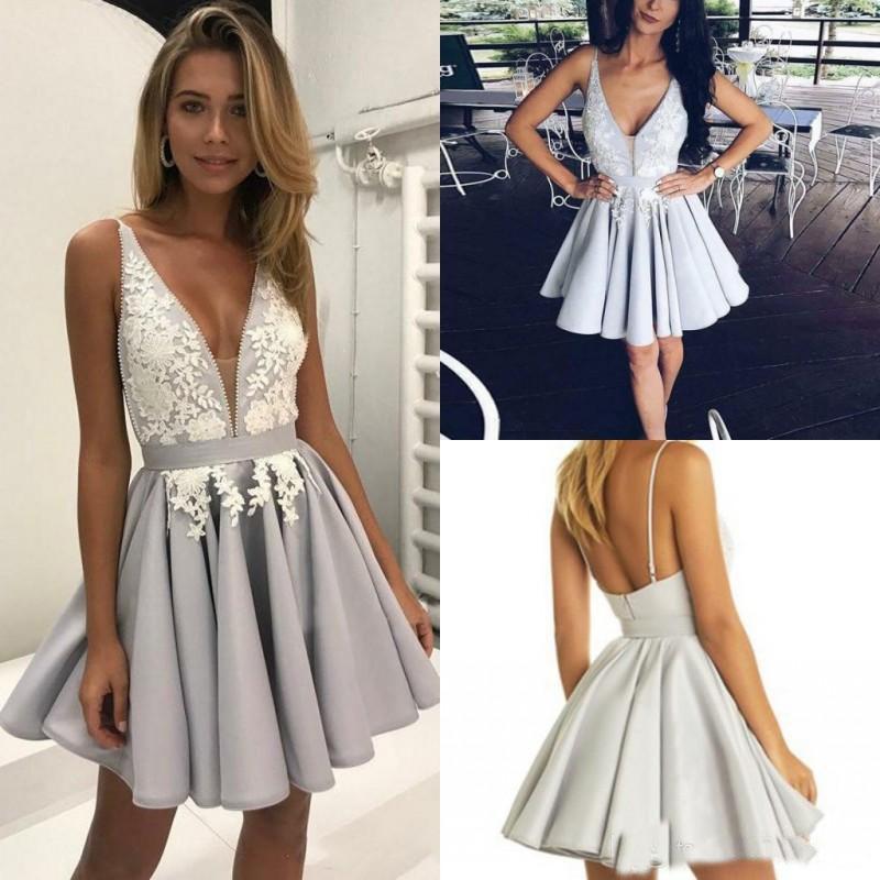 Light Lavender A-Line Deep V Neck Short Sleeveless Appliques Pleats Cheap Homecoming Dress RS210