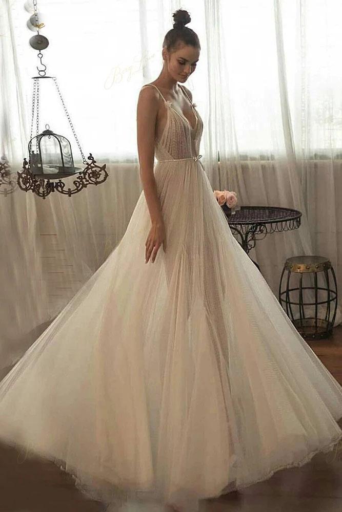 A line Beaded Tulle Spaghetti Straps Long Wedding Dresses