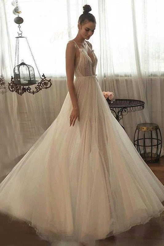 A line Beaded Tulle Spaghetti Straps Long Wedding Dresses