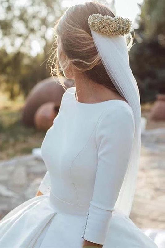 Gorgeous Satin Backless Wedding Dresses 3/4 Sleeve Cathedral Train Bridal Dress