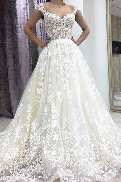 A-Line Deep V-neck Court Train Sleeveless Ivory Lace Wedding Dress with Appliques RS282