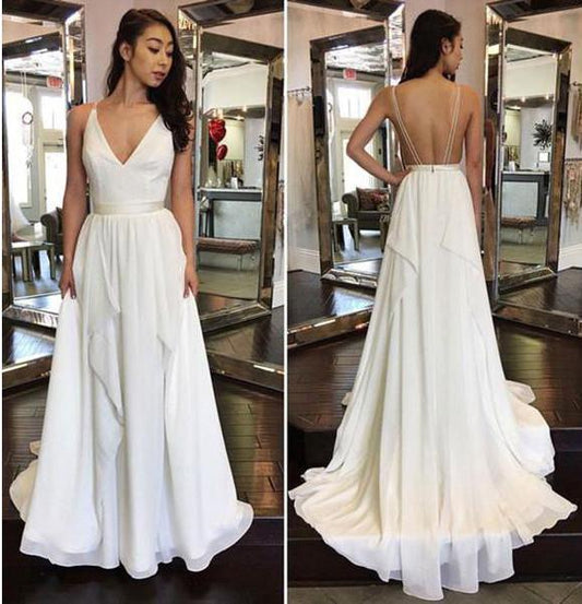 2024 Simple Cheap Sexy Ivory A-line Chiffon V-Neck Sleeveless Ruffles Backless Wedding Dress RS864