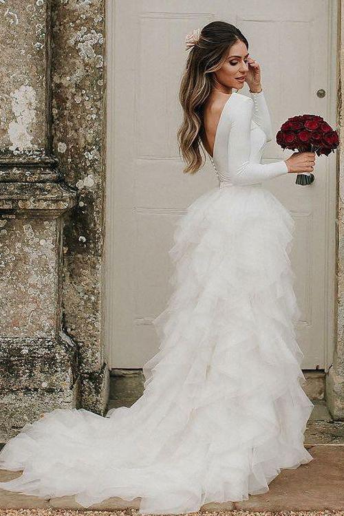 A-Line Round Neck Asymmetric Tulle Open Back Long Sleeves Wedding Dresses RS124