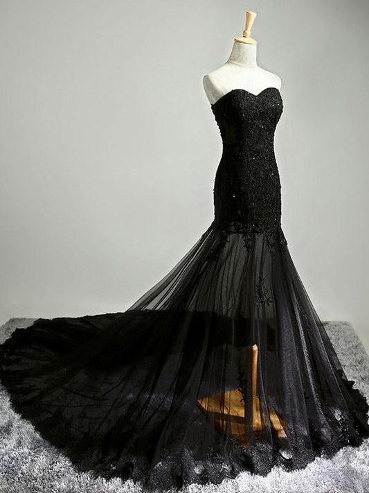 Sexy Black Sweetheart Sheath Tulle Beads Lace Appliques Strapless Long Prom Dresses RS30