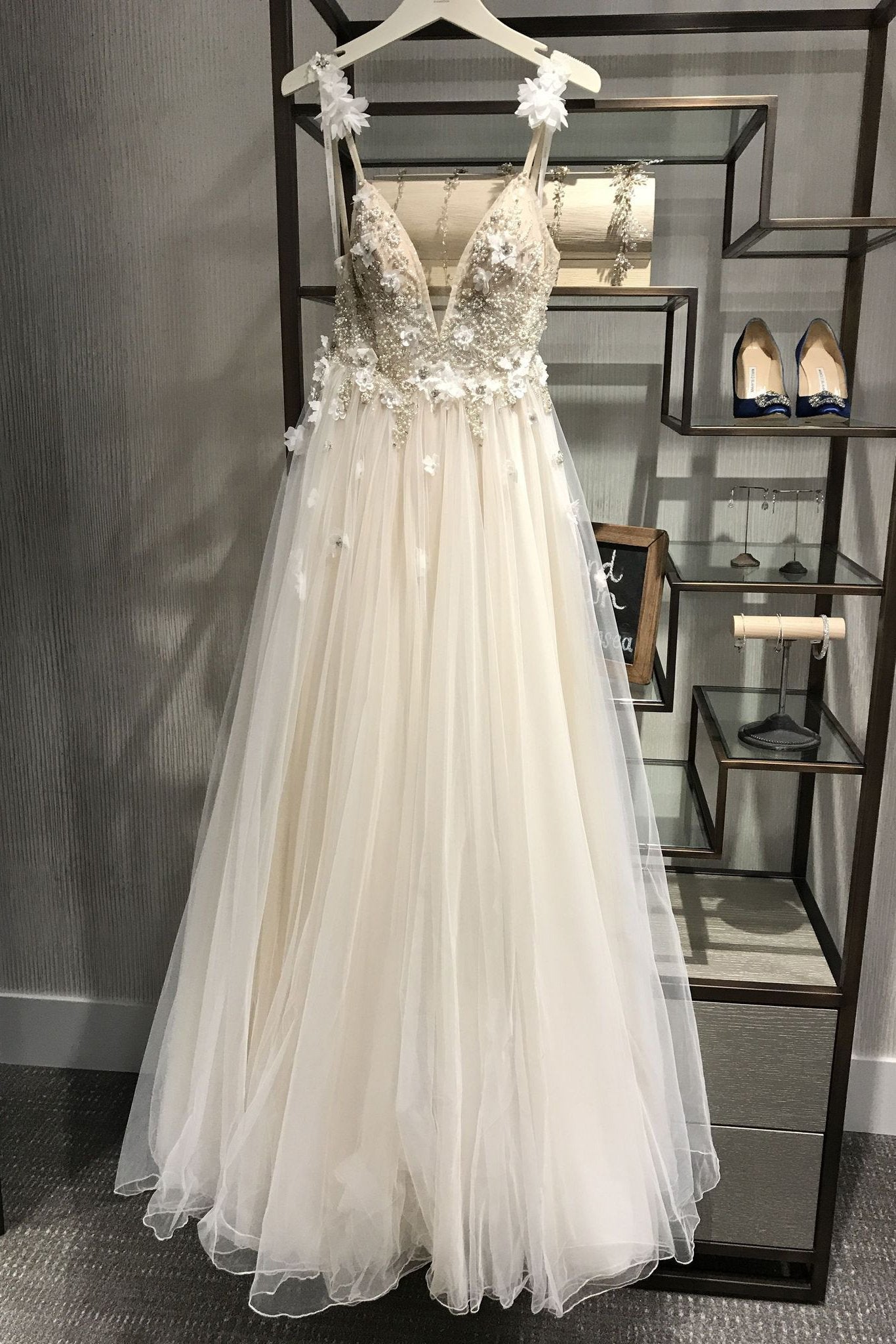 Sexy Spaghetti Straps V Neck A Line Tulle Ivory Backless Prom Dresses Wedding Dresses RS28