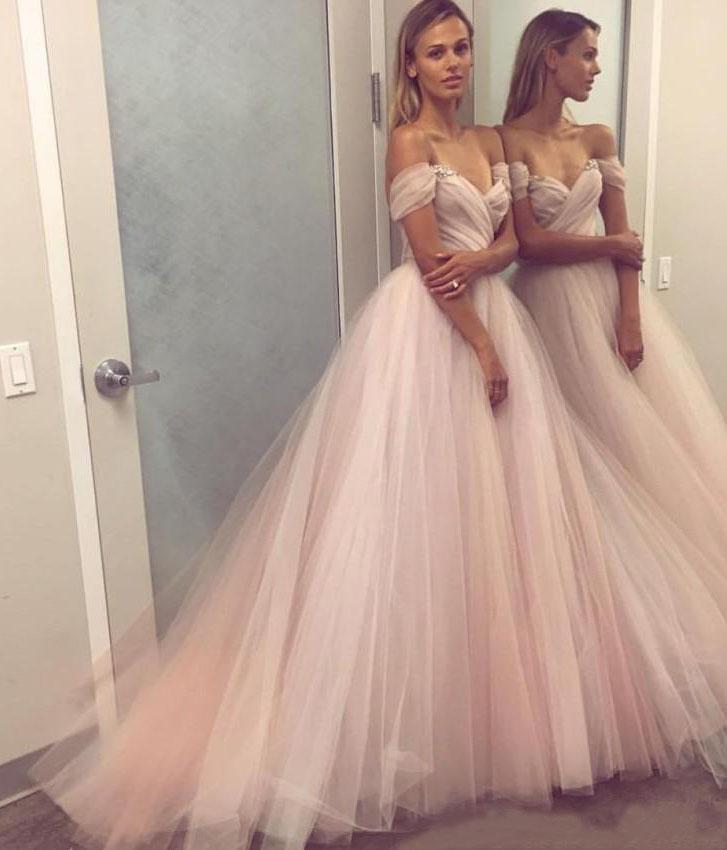A Line Sweetheart Beaded Off the Shoulder Pink Long Prom Dresses Wedding Dress RS132