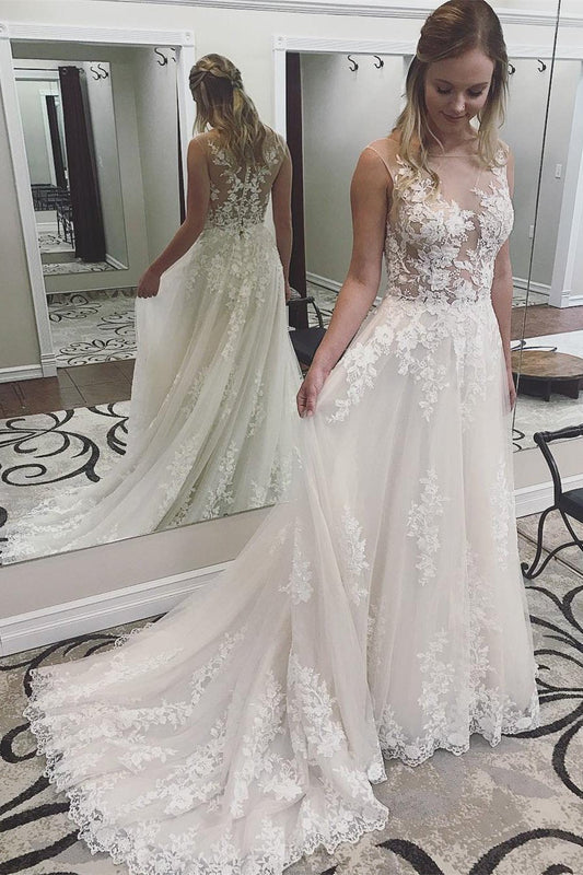 A Line Ivory Lace See Through Applique Wedding Dresses Scoop with Court Train RS91