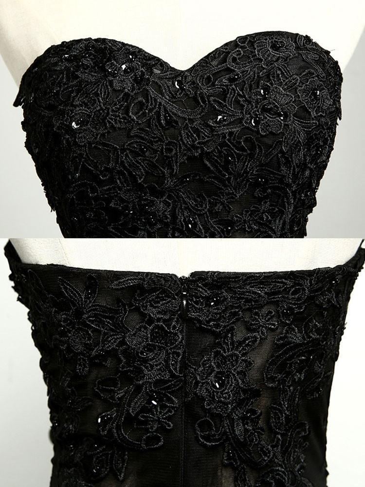 Sexy Black Sweetheart Sheath Tulle Beads Lace Appliques Strapless Long Prom Dresses RS30