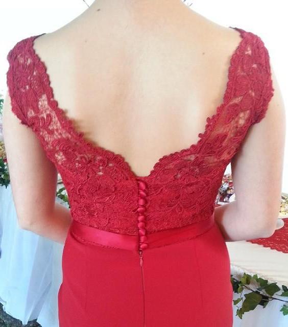 Red Button Backless Plus Size Mermaid Cap Sleeves V-neck Long Lace Bridesmaid Dresses RS802