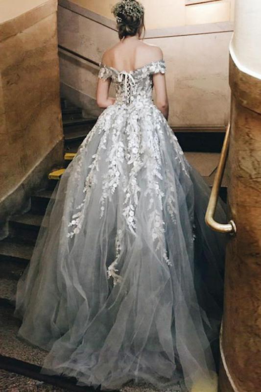2024 Vintage Silver Off the Shoulder Lace Appliques Tulle Sweetheart Beach Wedding Dresses RS112