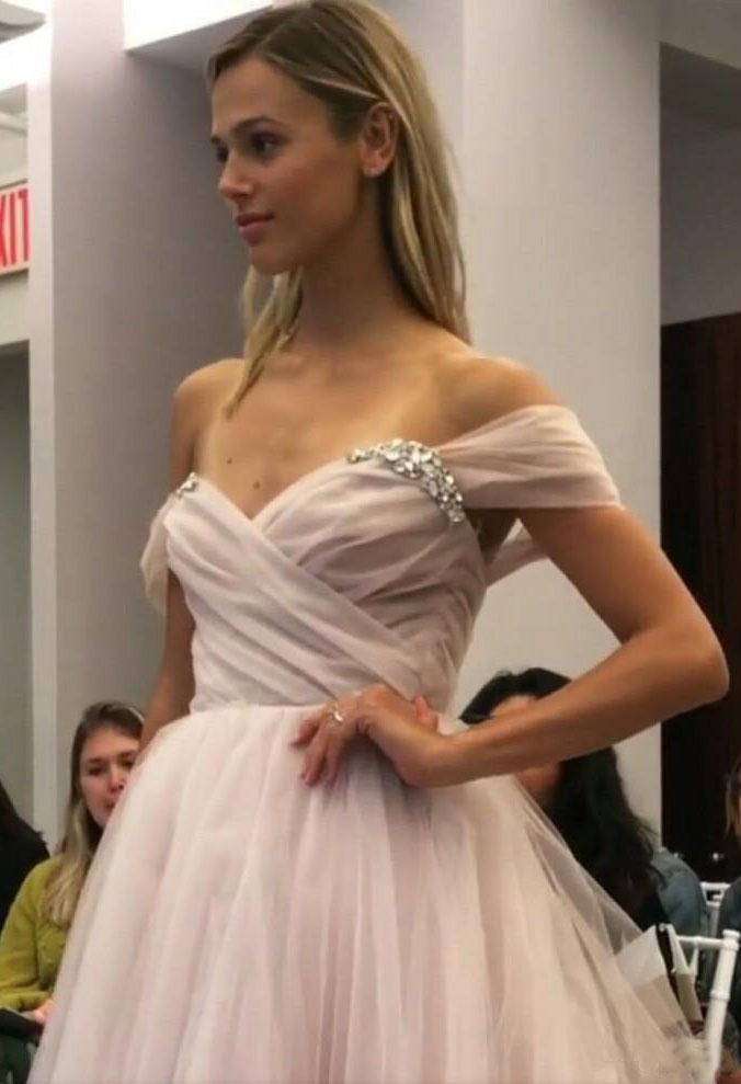 A Line Sweetheart Beaded Off the Shoulder Pink Long Prom Dresses Wedding Dress RS132