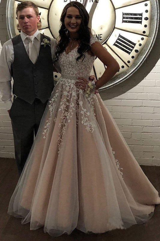 A Line Cheap Nude Quinceanera Dress Lace Appliques Cap Sleeve Beaded Prom Dresses RS238