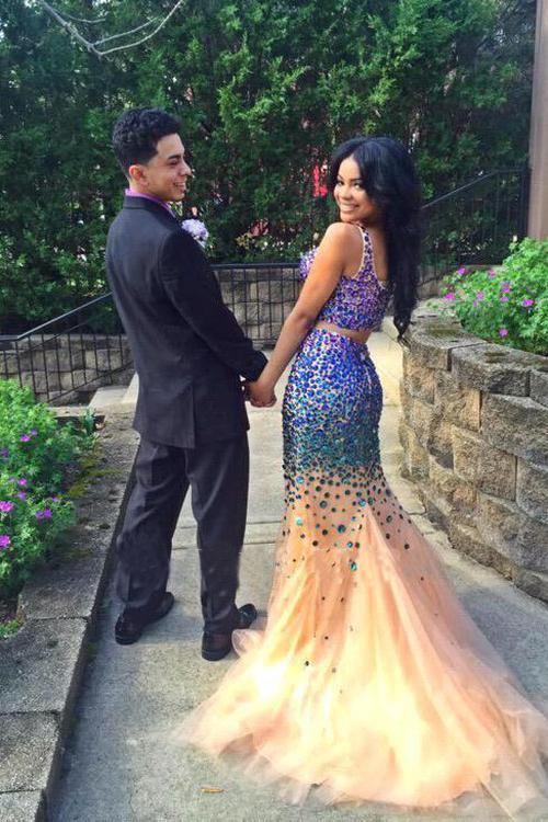 Sexy Elegant Mermaid Tulle Crystals Two Pieces V-Neck Luxurious Long Prom Dresses RS448