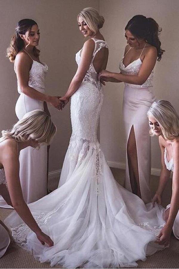 Unique Sequin Mermaid Spaghetti Straps Long Pink Soft Bridesmaid Dresses with Split RS833