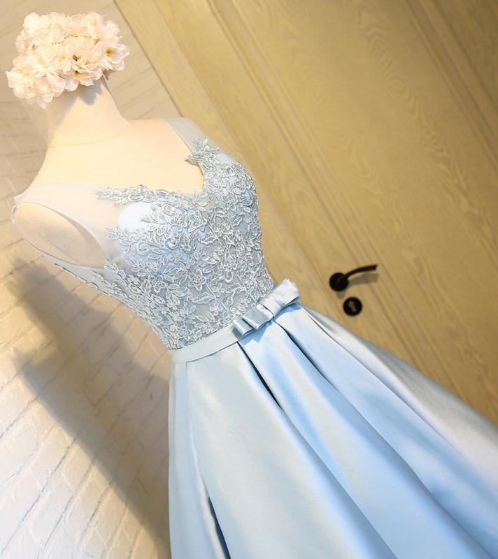 Sky Blue A-Line V-Neck Short Prom Dresses Appliques Lace Homecoming Dresses RS568