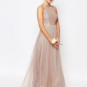Gorgeous Glittering Top Tulle Halter Romantic Short Long Sleeveless Bridesmaid Dress RS352