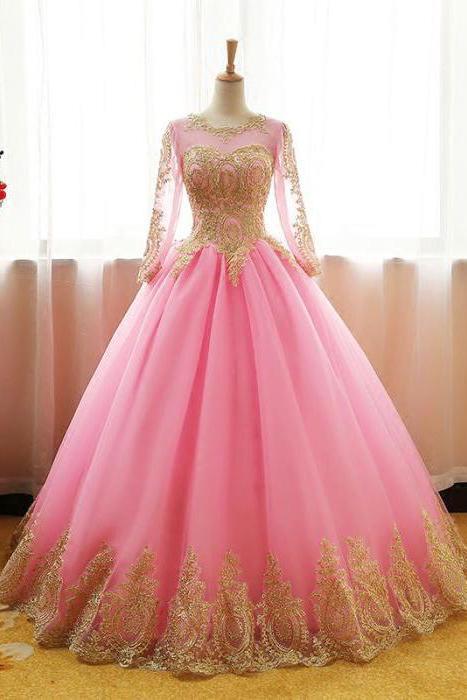 Ball Gown Long Sleeve Gold Rose Red Tulle Round Neck Lace up Prom Quinceanera Dresses RS147