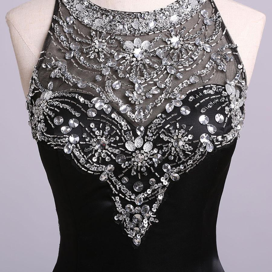 Sexy Black Mermaid Beads High Neck Satin Button Cheap Prom Dresses Party Dress RS173