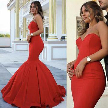 Red Chic Sweetheart Strapless Sleeveless Mermaid Satin Prom Dresses RS761