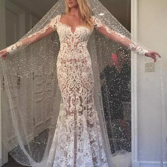 Romantic Long Appliques Backless Lace Mermaid Ivory Long Sleeve Wedding Dresses RS294