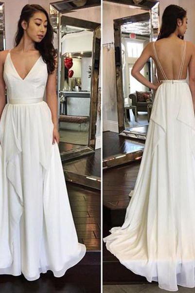 2024 Simple Cheap Sexy Ivory A-line Chiffon V-Neck Sleeveless Ruffles Backless Wedding Dress RS864