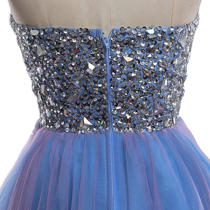 Strapless Cute Tulle Short Sweetheart Beading Blue Rhinestone Homecoming Dresses RS190